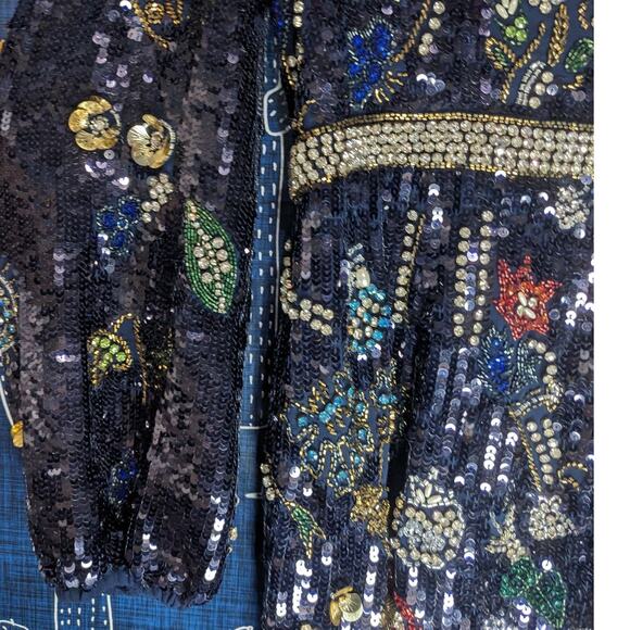 NWT Mac Duggal Embellished Wrap Over Bishop Sleeve Gown Midnight Multi Size 10 - Picture 11 of 11